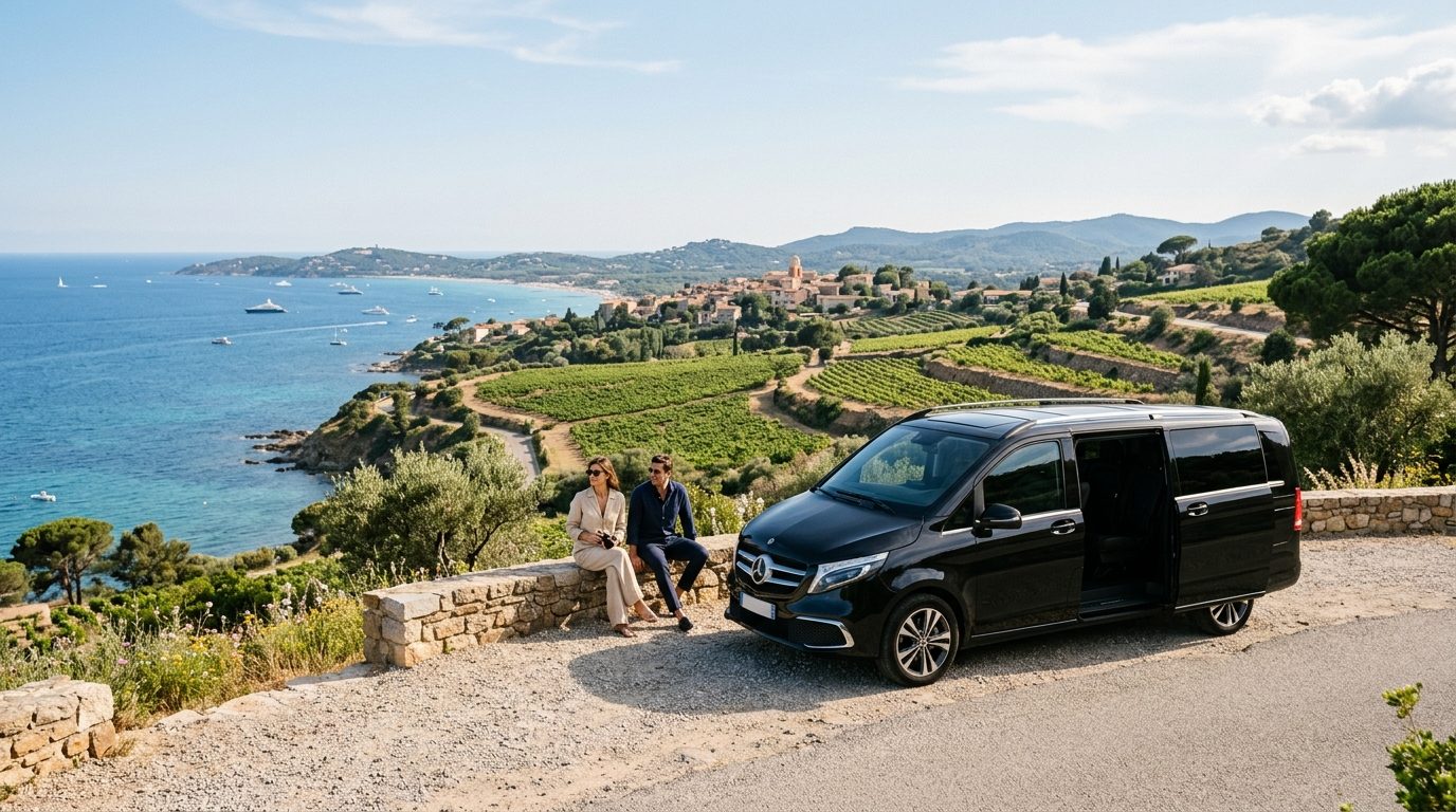 Transfert Aéroport Nice NCE vers Ramatuelle en Van 7 places avec sièges enfant ISOFIX