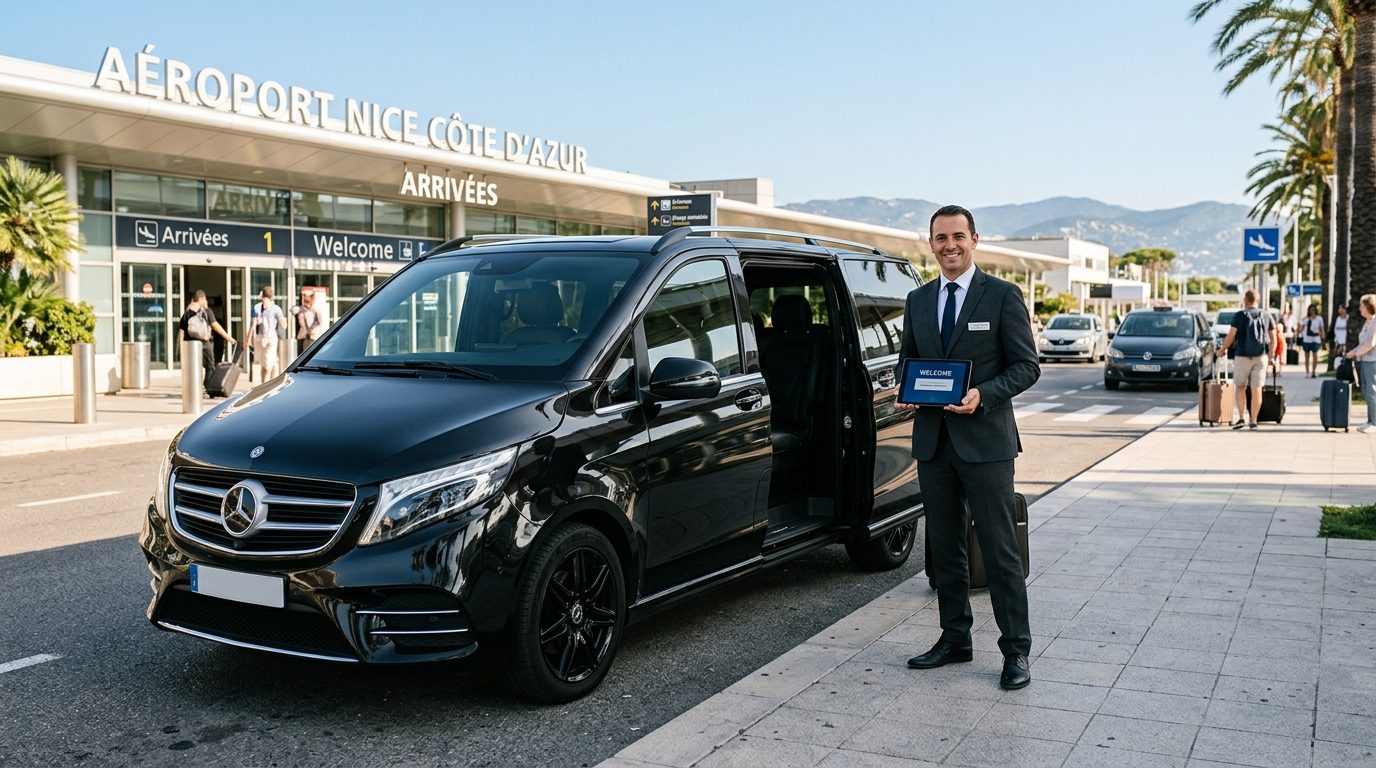 Transfert Aéroport Nice NCE vers Roquebrune-Cap-Martin en van 8 places avec accueil sur tablette