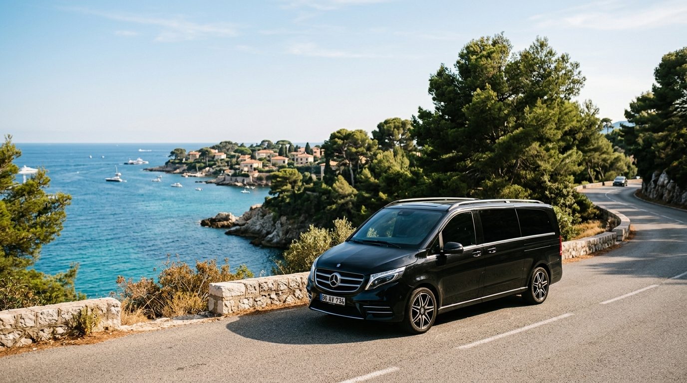 Transfert Aéroport Nice NCE vers Saint‑Jean‑Cap‑Ferrat en Van Mercedes Classe V 8 places pour familles