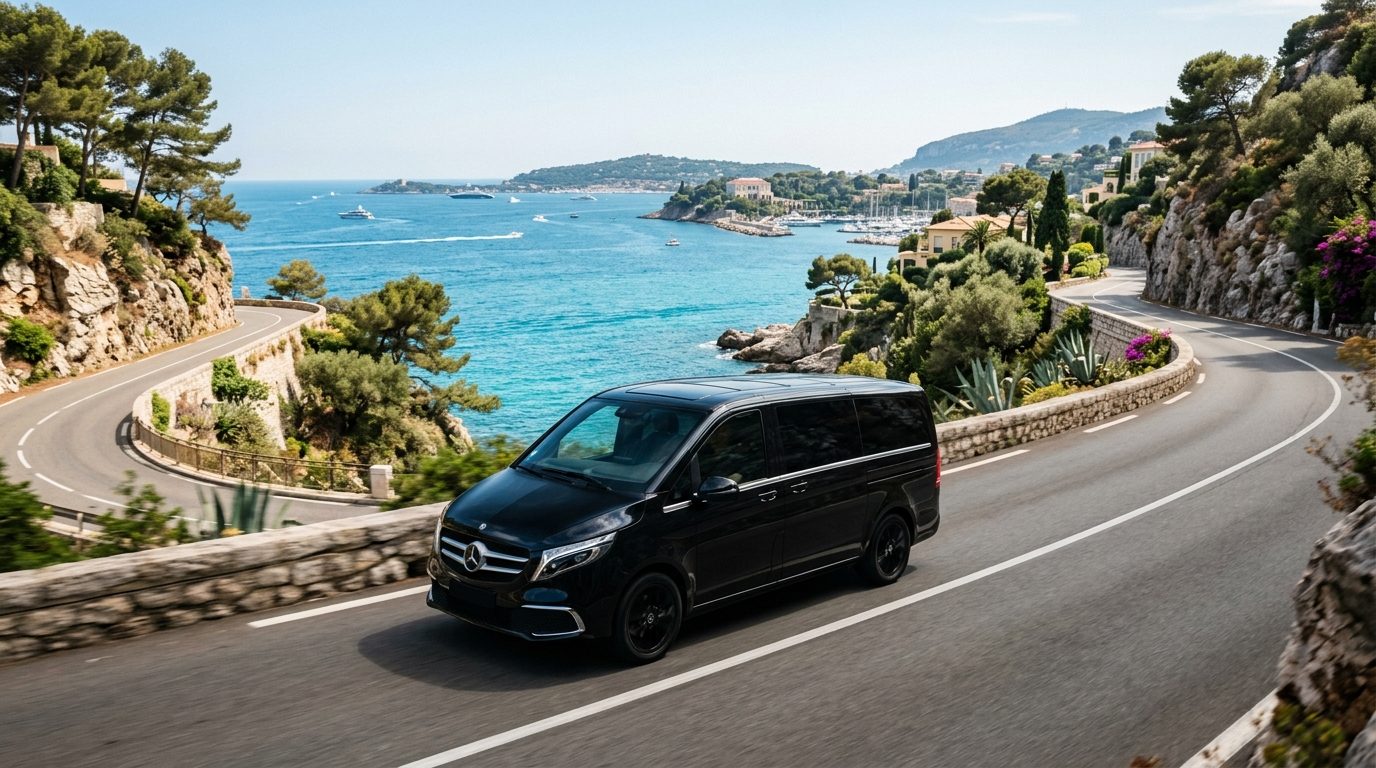 Van Mercedes Classe V sur la route côtière menant à Saint-Jean-Cap-Ferrat depuis Nice
