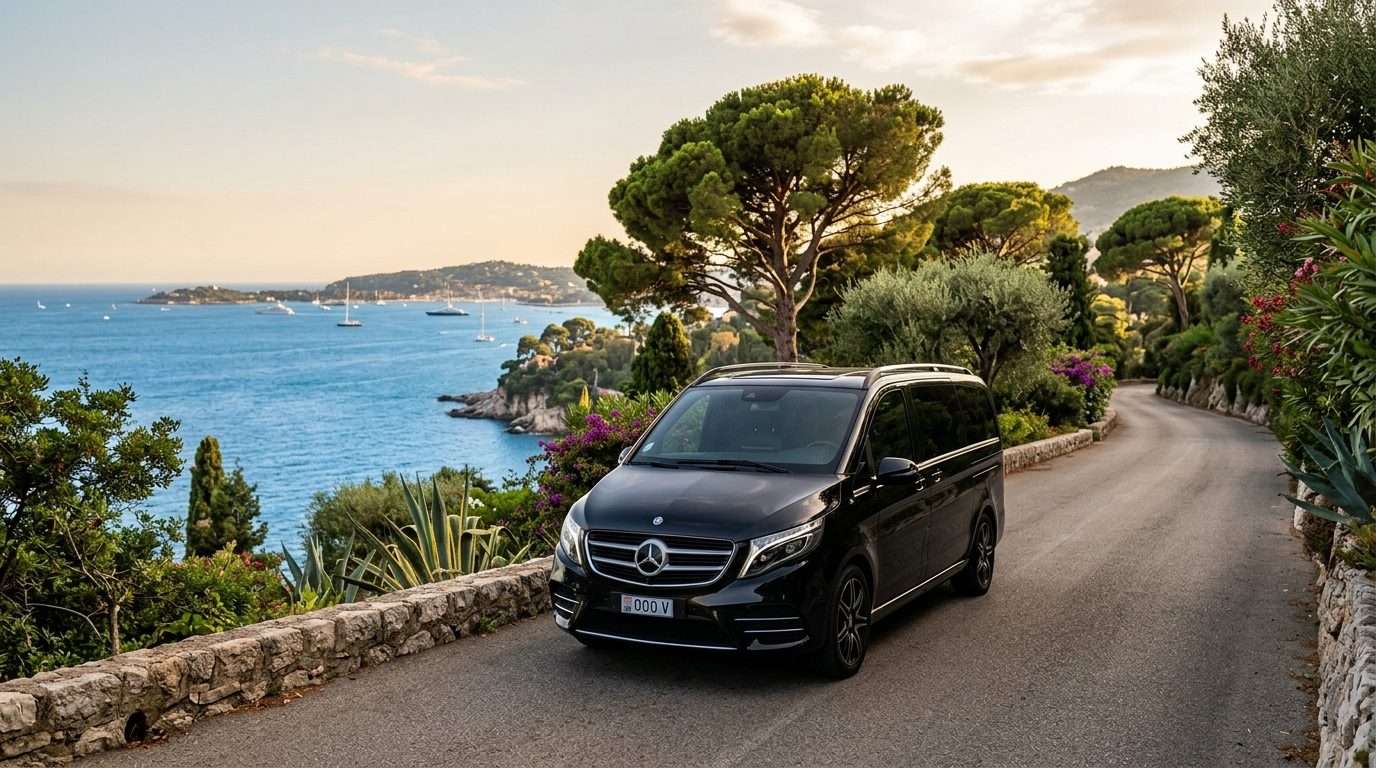 Van haut de gamme stationné sur une route bordée de pins à Saint-Jean-Cap-Ferrat avec vue sur la mer.