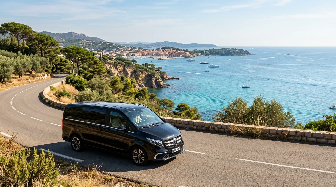Van haut de gamme avec chauffeur reliant l'aéroport de Nice à Sainte-Maxime sur une route du littoral varois