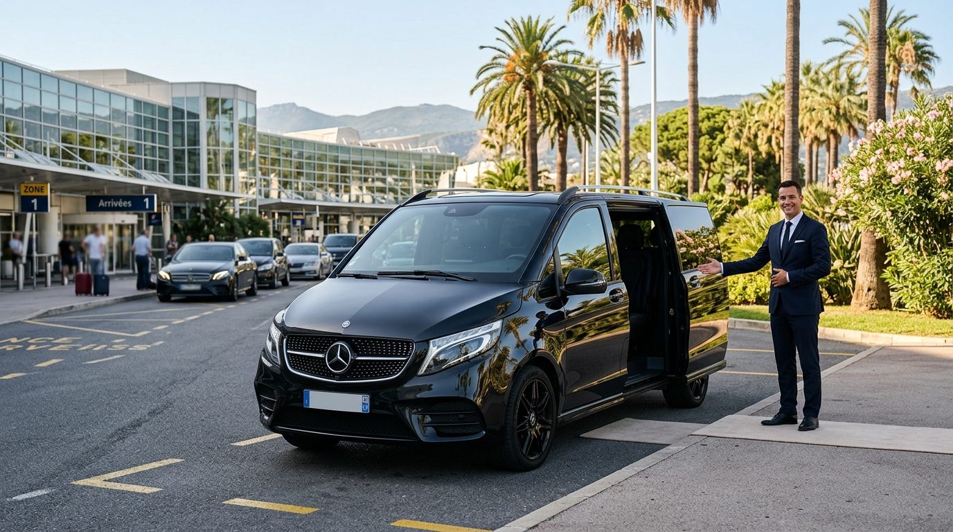 Transfert en van Mercedes Classe V devant l'aéroport Nice Côte d'Azur avec chauffeur privé.
