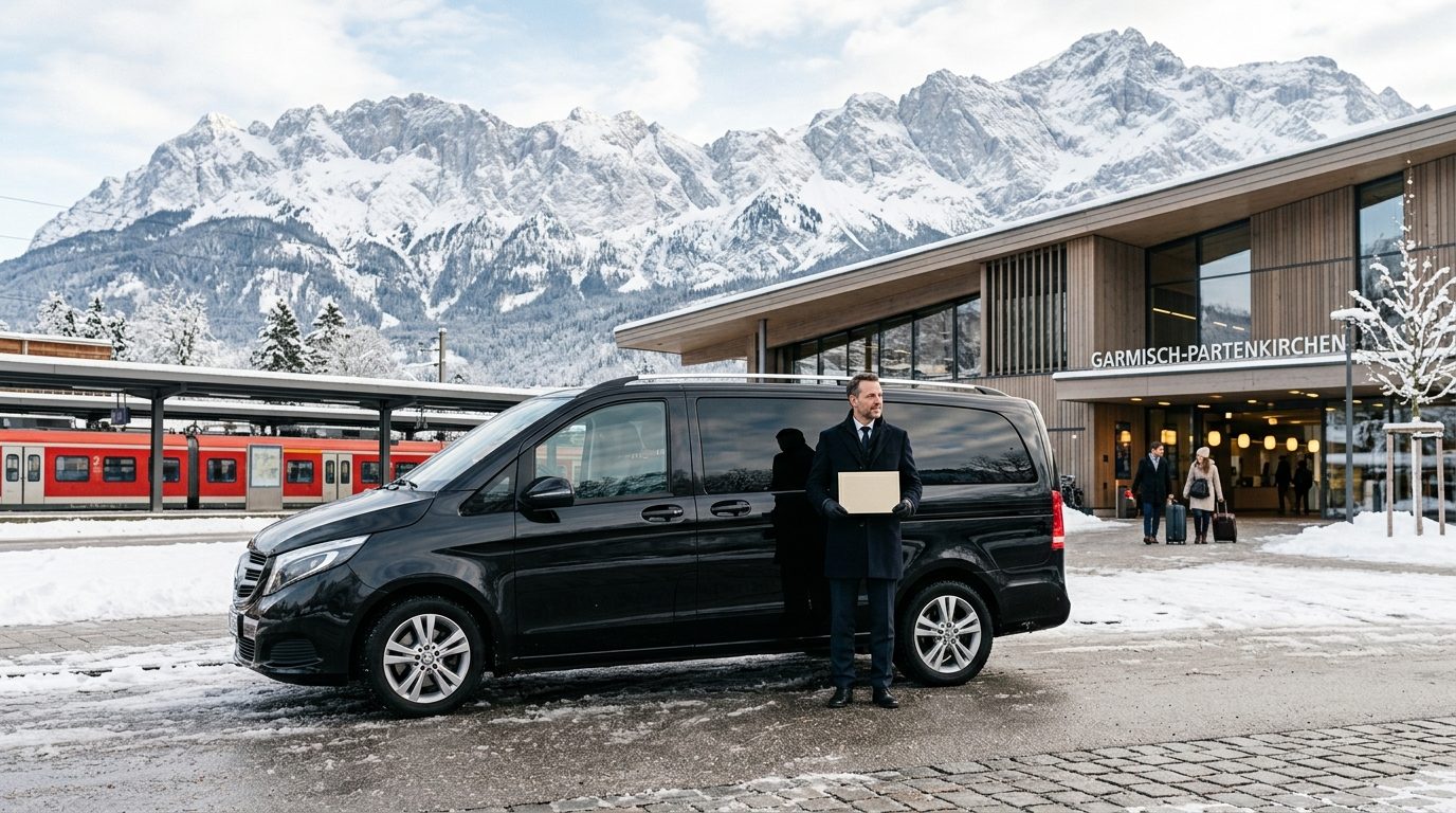 Véhicule avec chauffeur stationné devant la gare de Moûtiers pour un transfert vers Courchevel