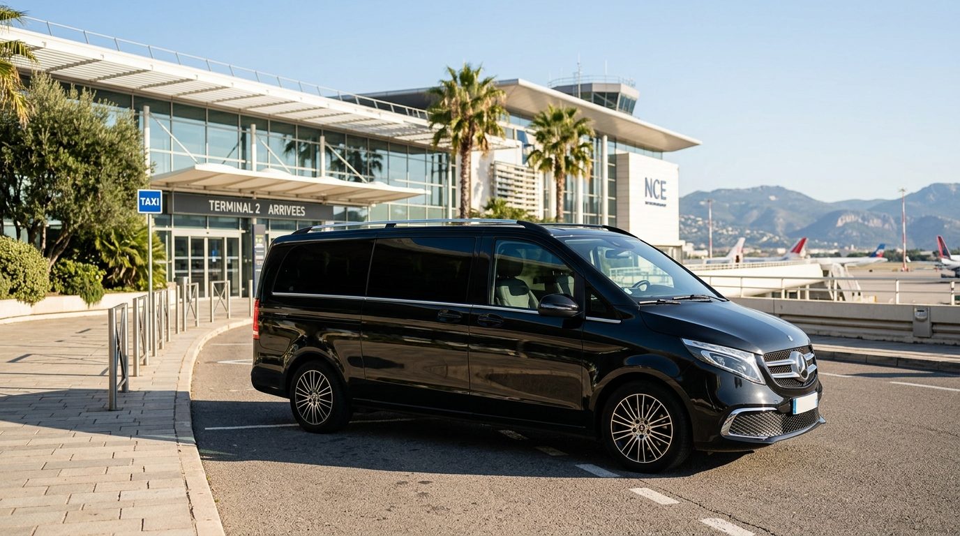 Van de luxe 6 places stationné pour une mise à disposition à l'aéroport Nice Côte d'Azur