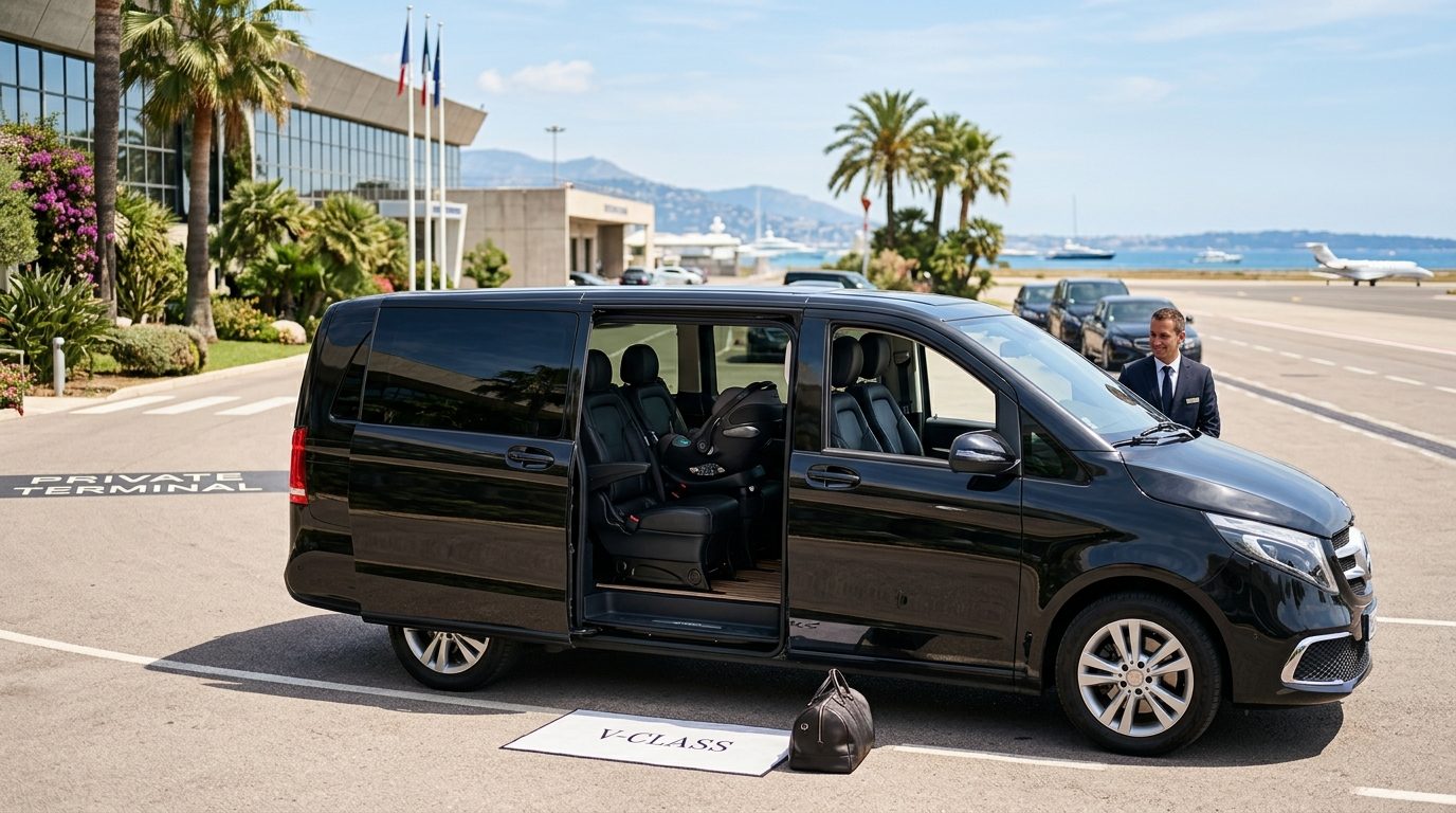 Van 6 places à l&rsquo;aéroport de Nice (NCE) avec rehausseur et siège bébé : confort et sécurité familiale