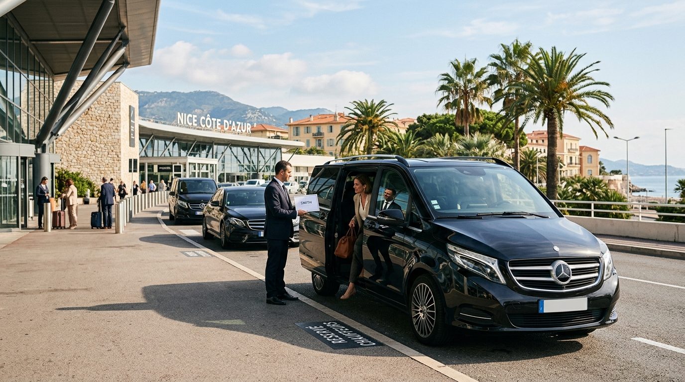 Van 7 places stationné à la zone de prise en charge avec chauffeur à l'aéroport de Nice Côte d'Azur