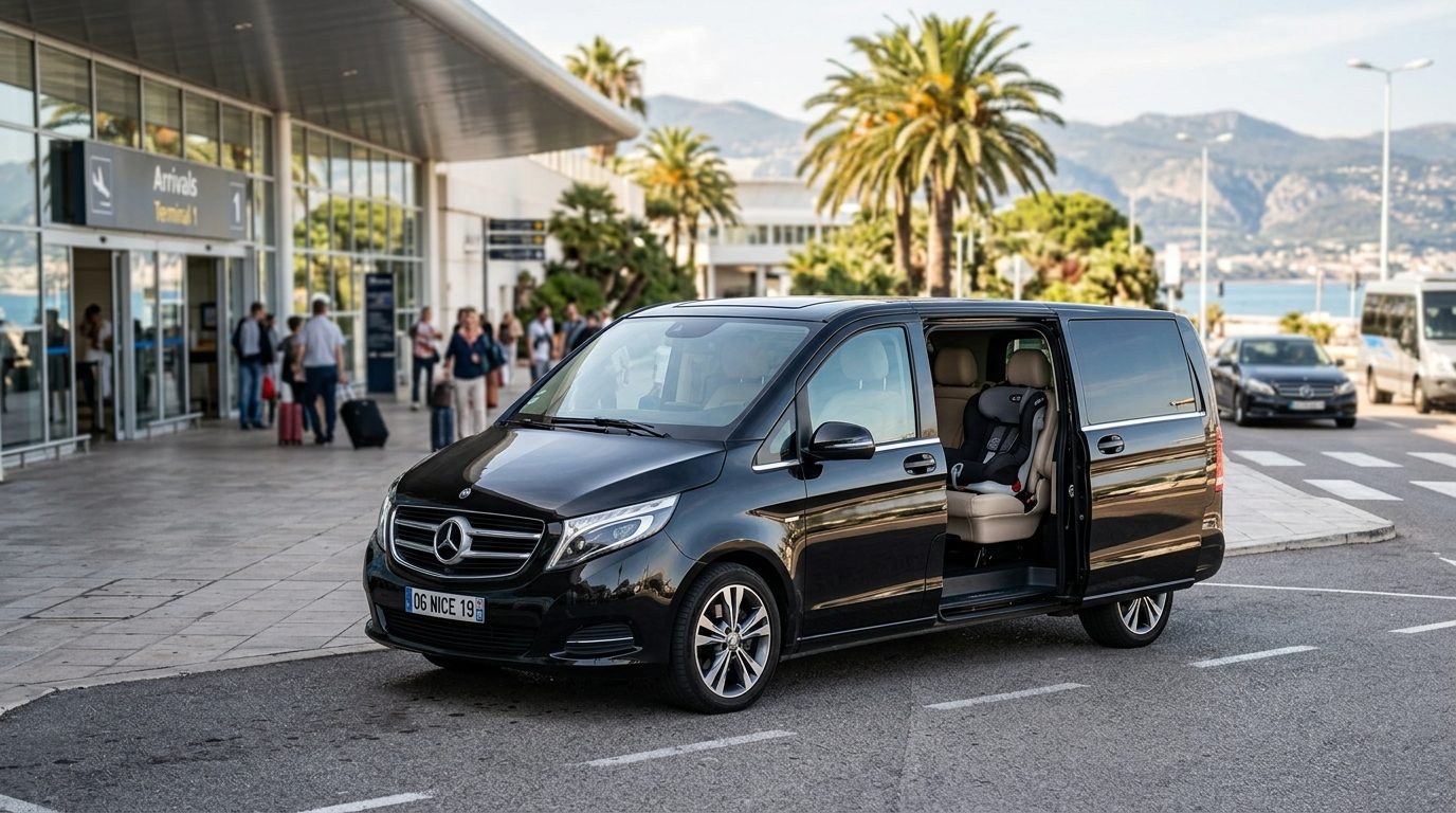 Van 7 places à l&rsquo;aéroport de Nice NCE avec chauffeur privé et siège bébé