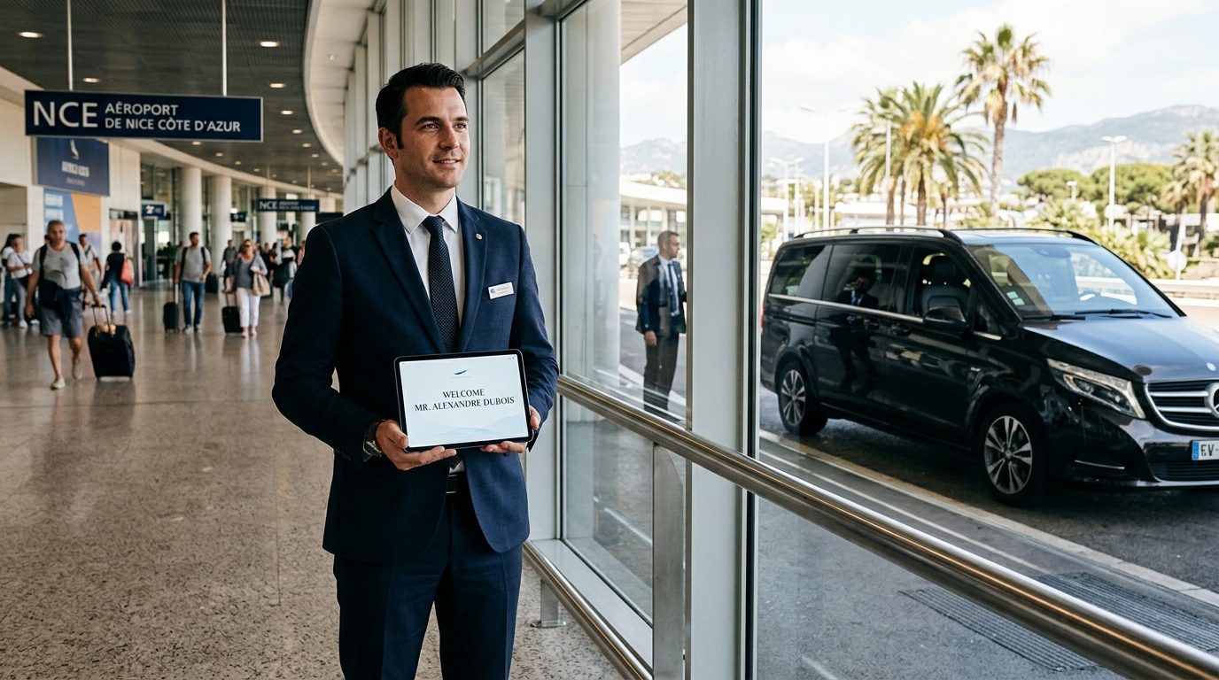 Van 8 places à l’aéroport de Nice NCE : accueil sur tablette et transport de groupe