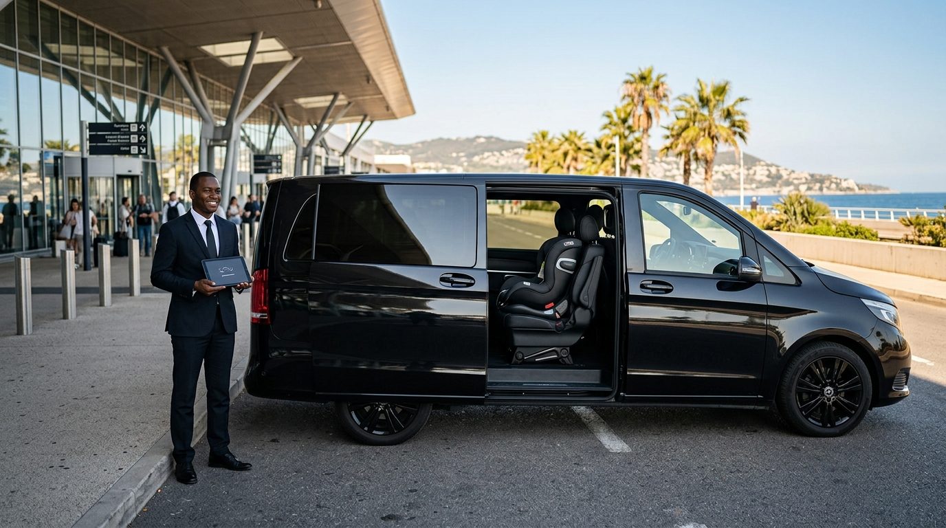 Van 8 places à l’aéroport de Nice : transport familial avec siège bébé et accueil tablette