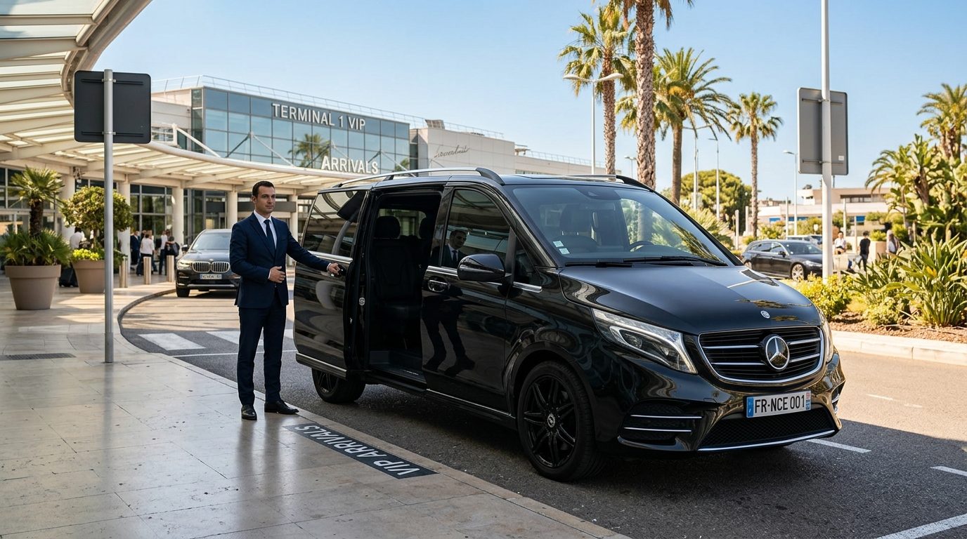 Van haut de gamme avec chauffeur garé devant le terminal de l'aéroport de Nice Côte d'Azur