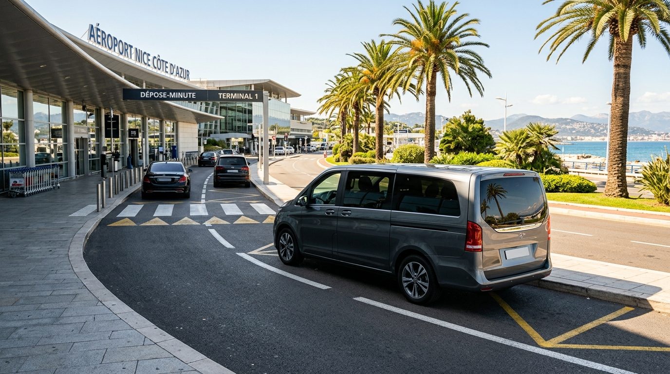 Van premium 8 places stationné à l'aéroport de Nice Côte d'Azur pour un transfert familial
