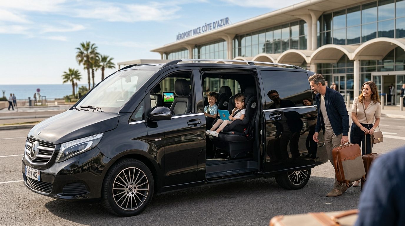 Van à l&rsquo;aéroport de Nice NCE pour familles : mise à disposition à la journée et tablettes à bord