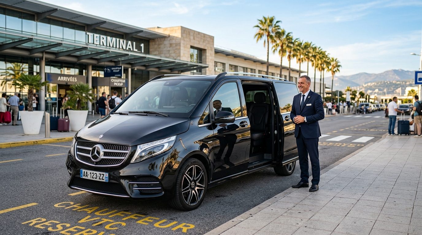 Chauffeur privé en van au Terminal 1 de Nice NCE : confort et organisation sur mesure