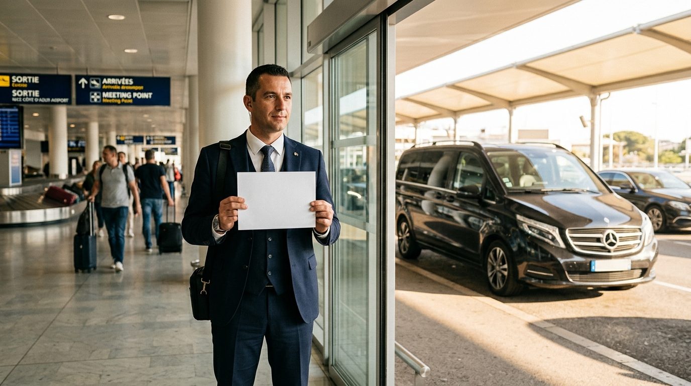 Van Classe V avec accueil panneau à Nice Côte d&rsquo;Azur (NCE)