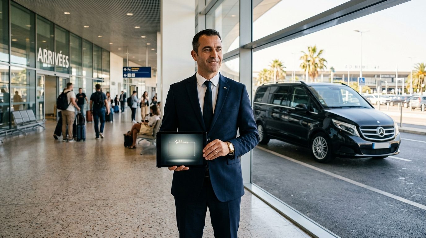 Van Classe V avec accueil sur tablette à l&rsquo;aéroport de Nice (NCE)