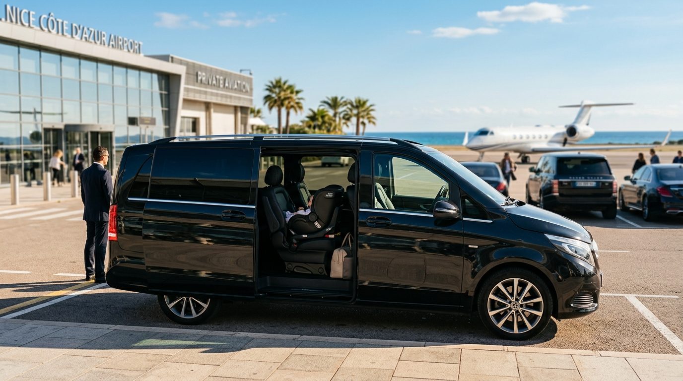 Van haut standing à l&rsquo;aéroport de Nice (NCE) avec siège bébé : guide du transfert familial