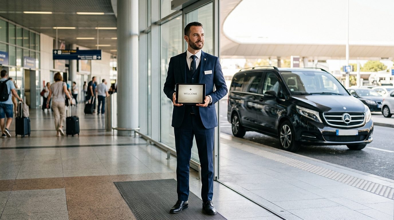 Chauffeur privé accueillant des voyageurs avec une tablette numérique à l'aéroport de Nice