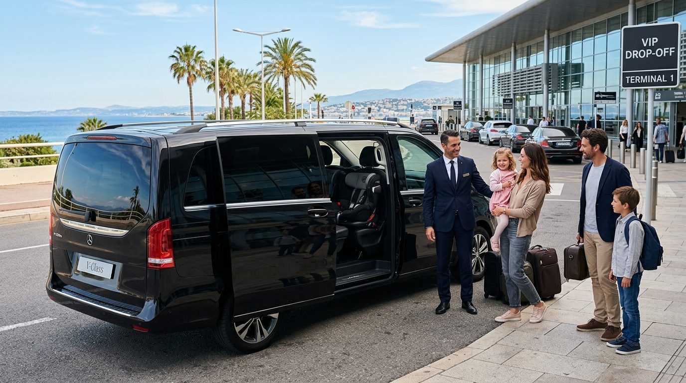 Van de luxe à l&rsquo;aéroport de Nice (NCE) : transfert pour familles nombreuses avec sièges enfants