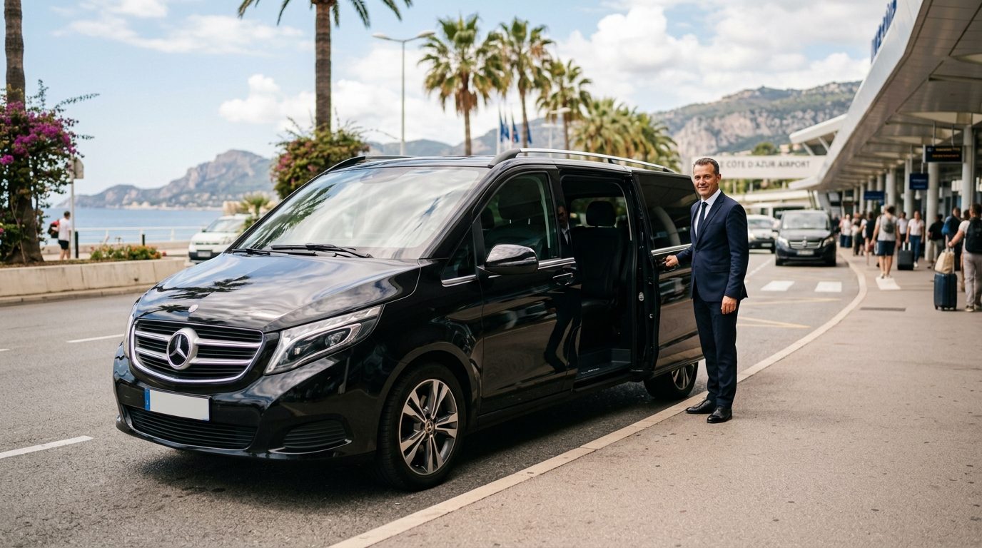 Van de luxe avec chauffeur privé stationné à la sortie de l'aéroport de Nice Côte d'Azur