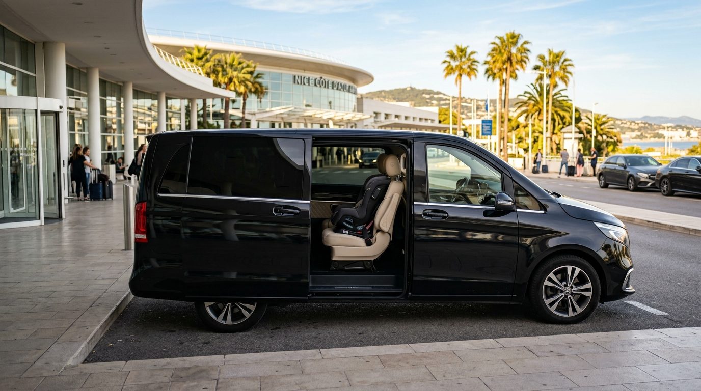 Van de luxe à l&rsquo;aéroport de Nice (NCE) : voyager sereinement en famille avec un siège auto adapté