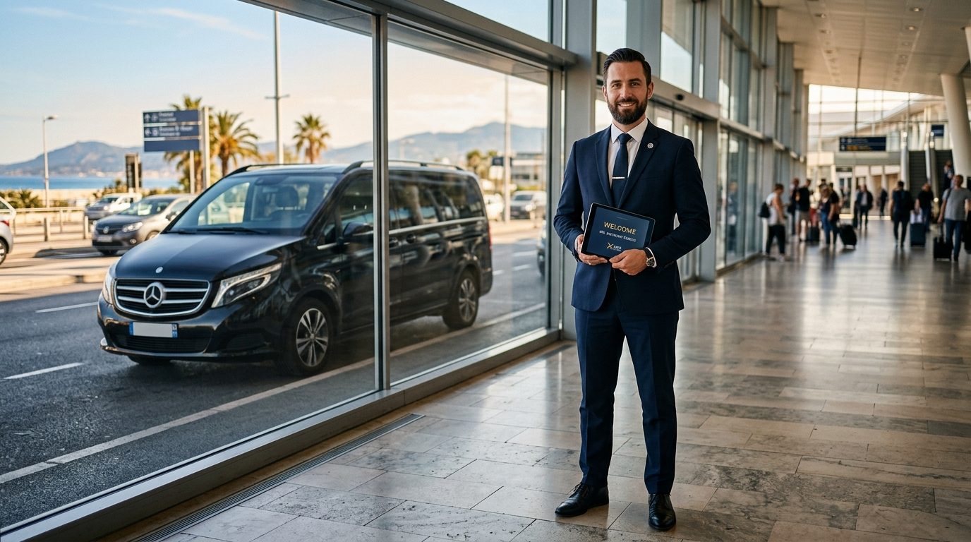 Van Mercedes Classe V à l&rsquo;aéroport de Nice NCE : accueil personnalisé sur tablette