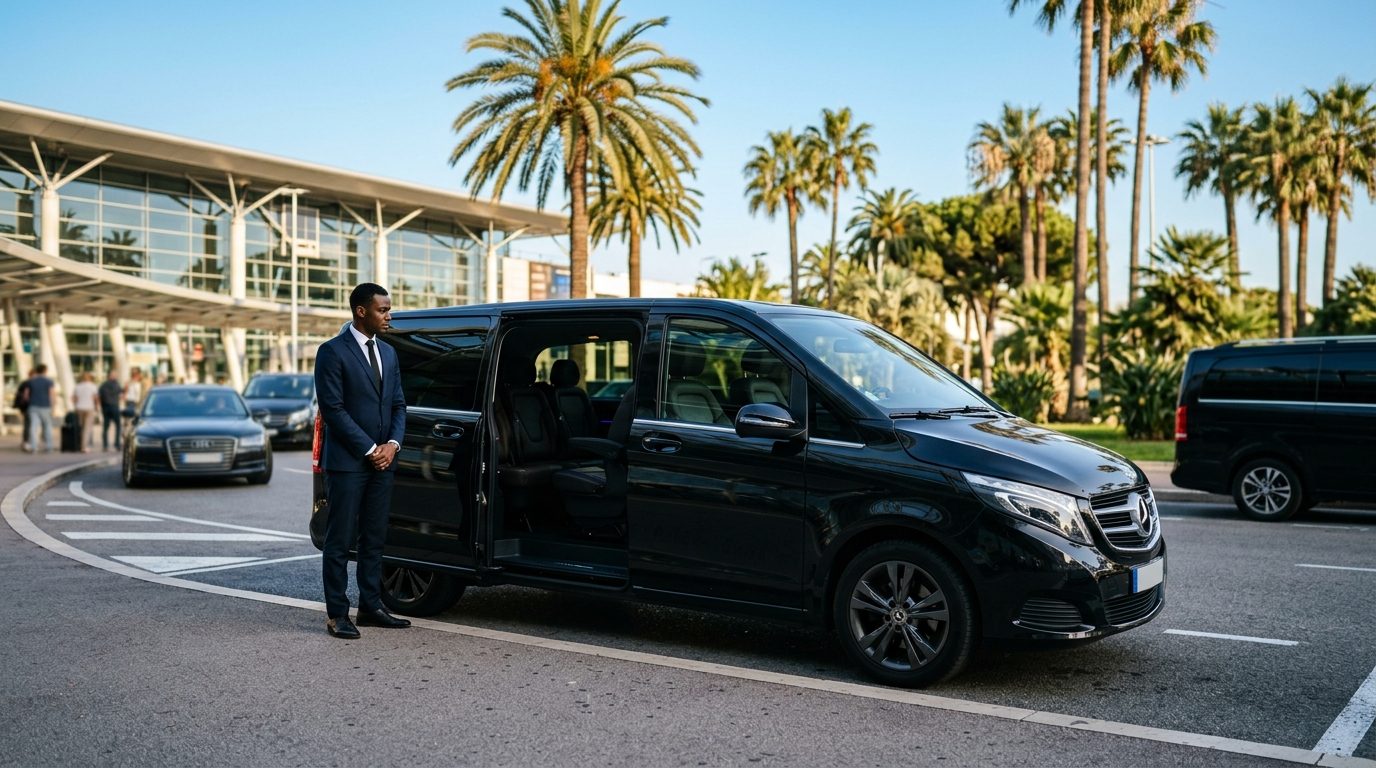 Van premium de luxe stationné à l'aéroport Nice Côte d'Azur avec chauffeur privé