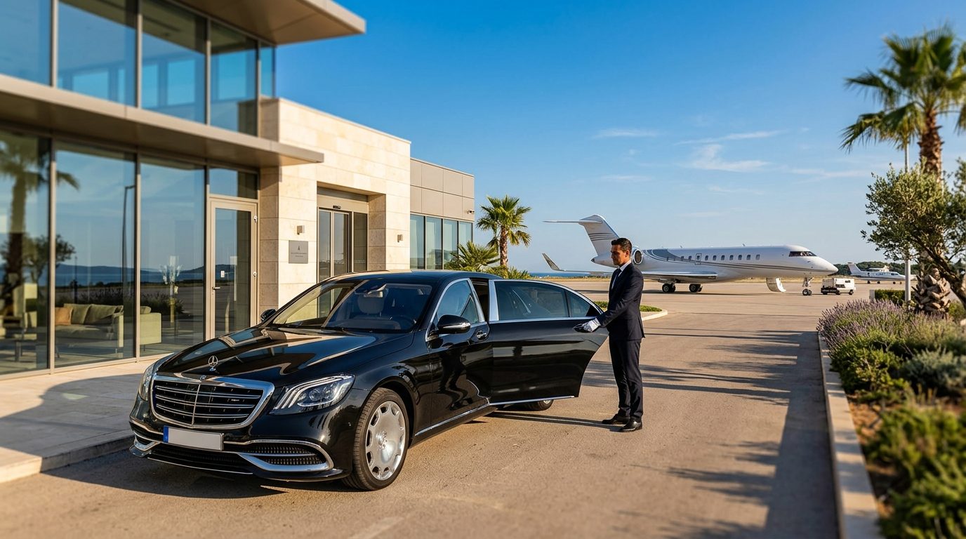 Berline avec chauffeur devant le terminal d'aviation d'affaires de l'aérodrome du Castellet