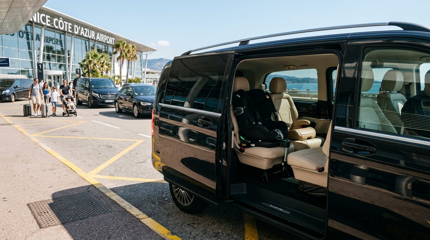 VTC Classe V à l&rsquo;aéroport de Nice : voyager en famille avec sièges bébé ISOFIX et rehausseurs