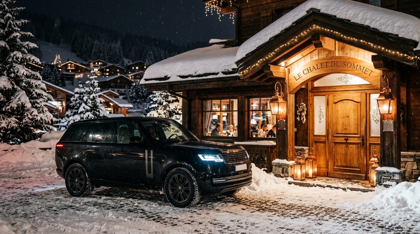 Véhicule haut de gamme stationné devant un restaurant gastronomique enneigé à Courchevel