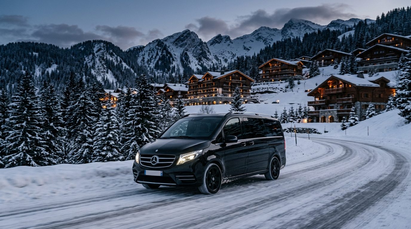 Van VTC 7 places circulant sur une route enneigée à Courchevel au crépuscule