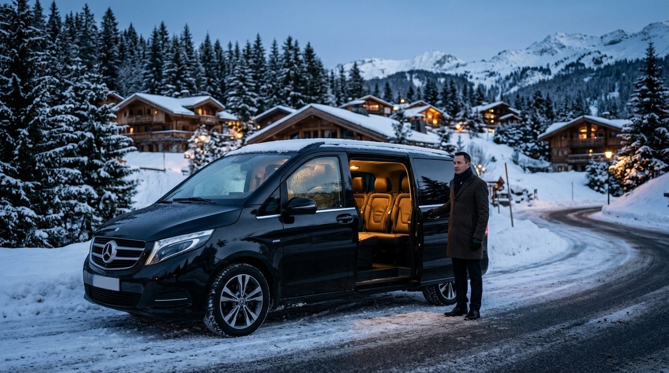 Van de luxe avec chauffeur privé stationné dans un décor enneigé à Courchevel