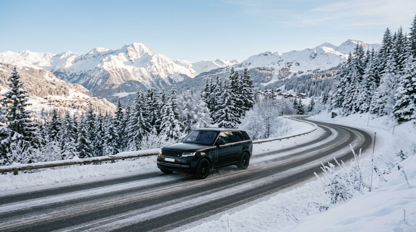 Véhicule haut de gamme tout-terrain circulant sur une route enneigée de Courchevel dans les Alpes françaises