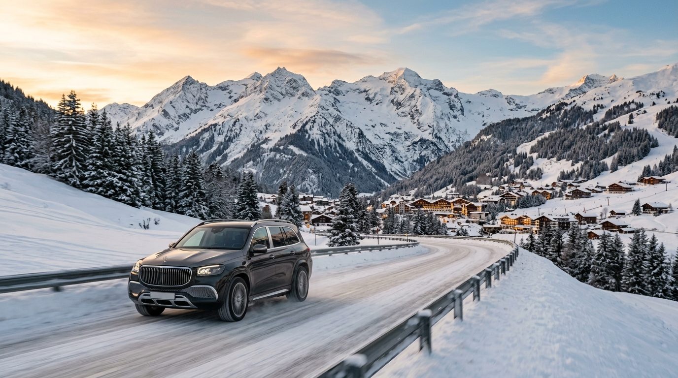 Véhicule VTC haut de gamme circulant sur une route enneigée vers une station de ski de luxe