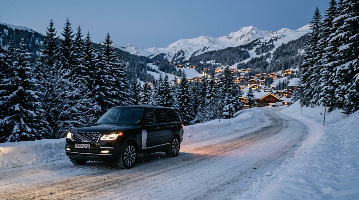 SUV haut de gamme avec chauffeur sur une route enneigée de Courchevel