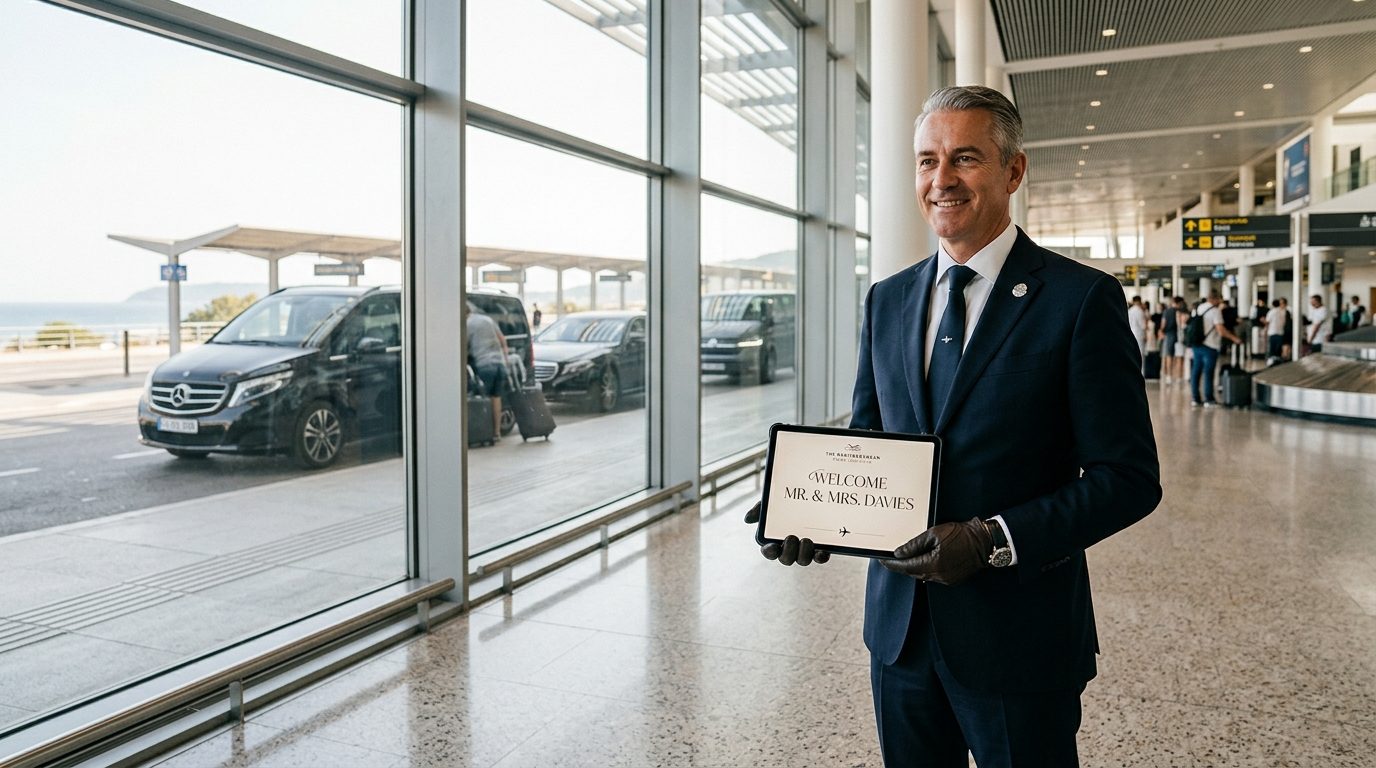 Chauffeur professionnel tenant une tablette d'accueil dans le terminal de l'aéroport Nice Côte d'Azur