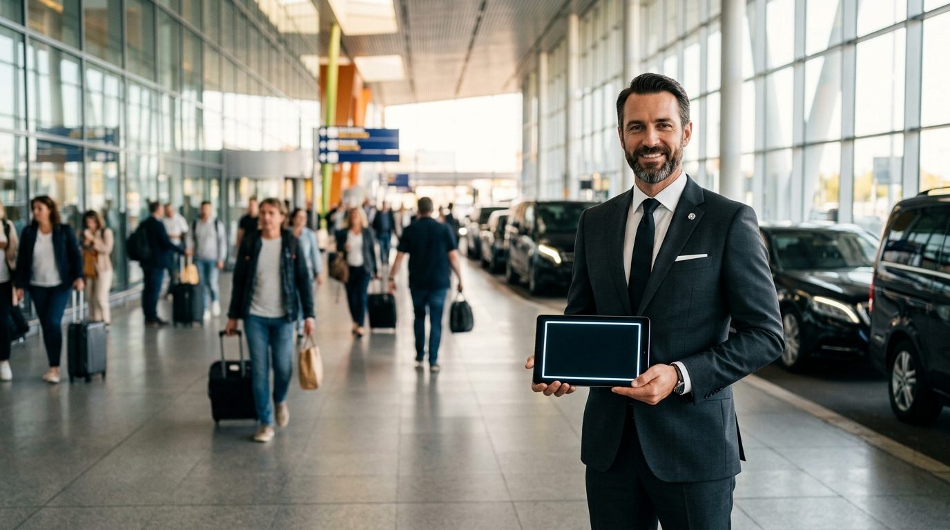 Chauffeur privé avec panneau d'accueil nominatif dans le hall des arrivées d'un aéroport moderne