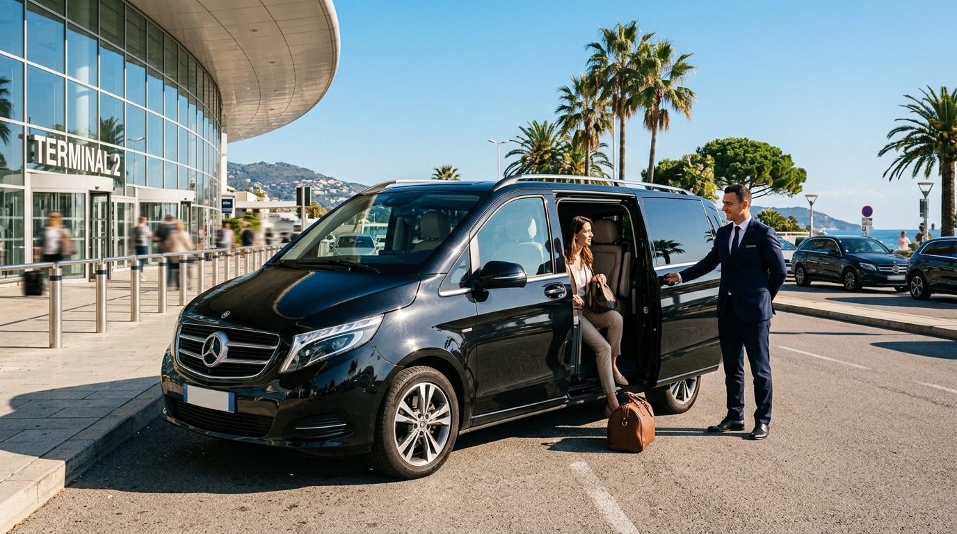 Minivan haut de gamme avec chauffeur professionnel stationné devant l'aéroport de Nice Côte d'Azur.