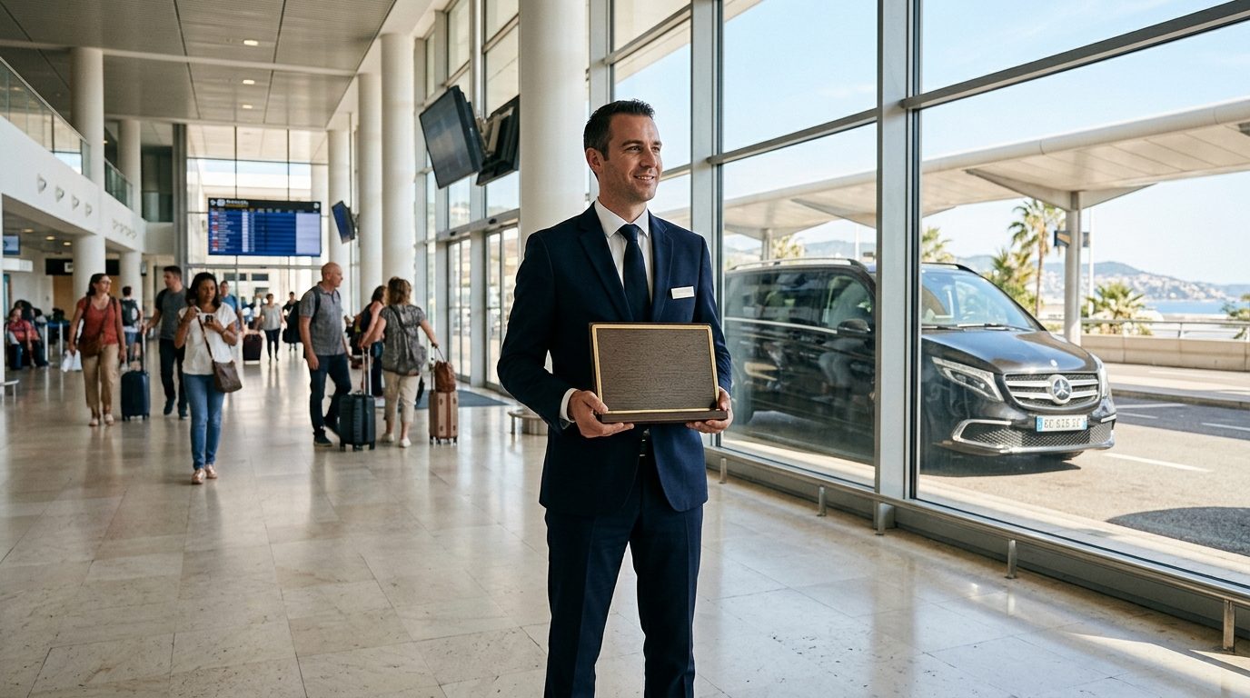 Chauffeur privé van NCE avec panneau d’accueil et sièges enfants ISOFIX