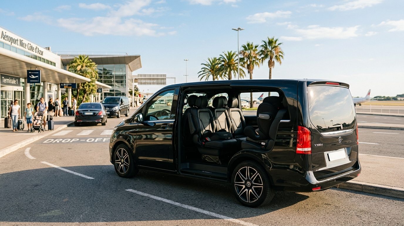 Navette van aéroport Nice NCE avec sièges bébé et rehausseurs pour enfants