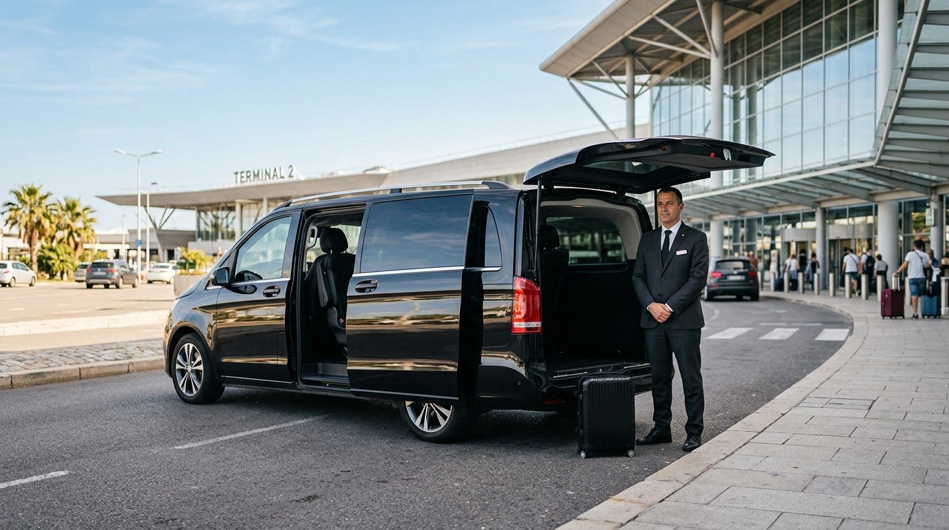 Van avec chauffeur stationné devant le Terminal 2 de l'aéroport Nice Côte d'Azur