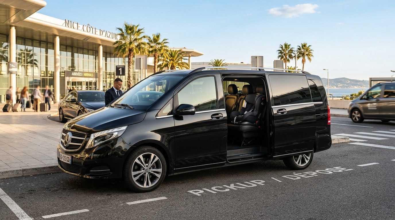 Van spacieux 7 places équipé d'un siège bébé à l'aéroport de Nice Côte d'Azur