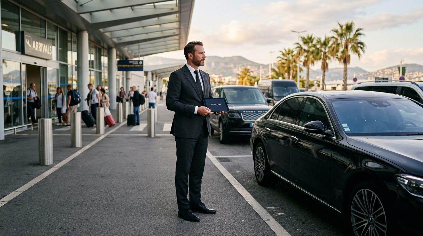 Chauffeur privé attendant un passager à l'aéroport de Nice Côte d'Azur