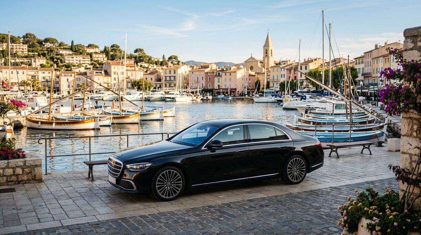 Berline avec chauffeur stationnée à proximité du port méditerranéen de Sanary-sur-Mer