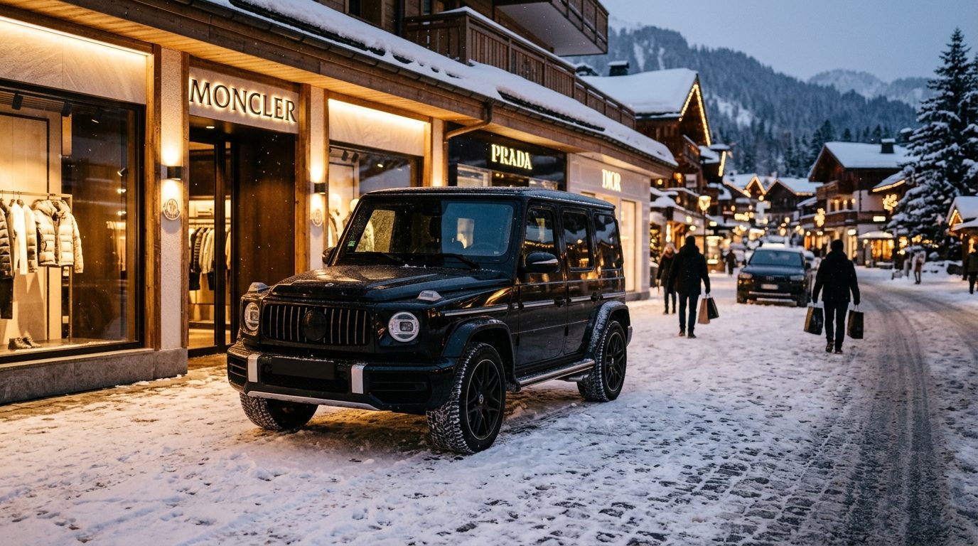 Véhicule avec chauffeur privé en attente devant une boutique de luxe à Courchevel 1850 sous la neige