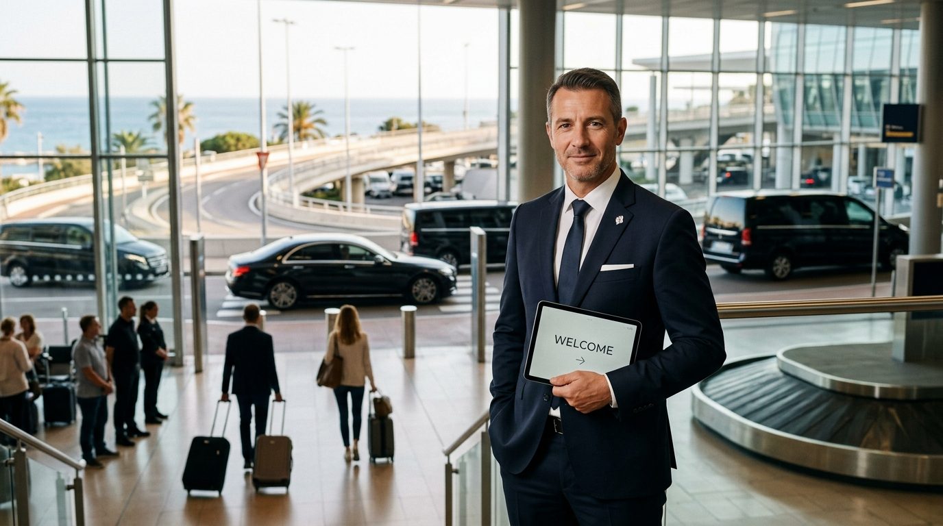 Chauffeur van à l&rsquo;aéroport de Nice (NCE) : les atouts de l&rsquo;accueil avec panneau