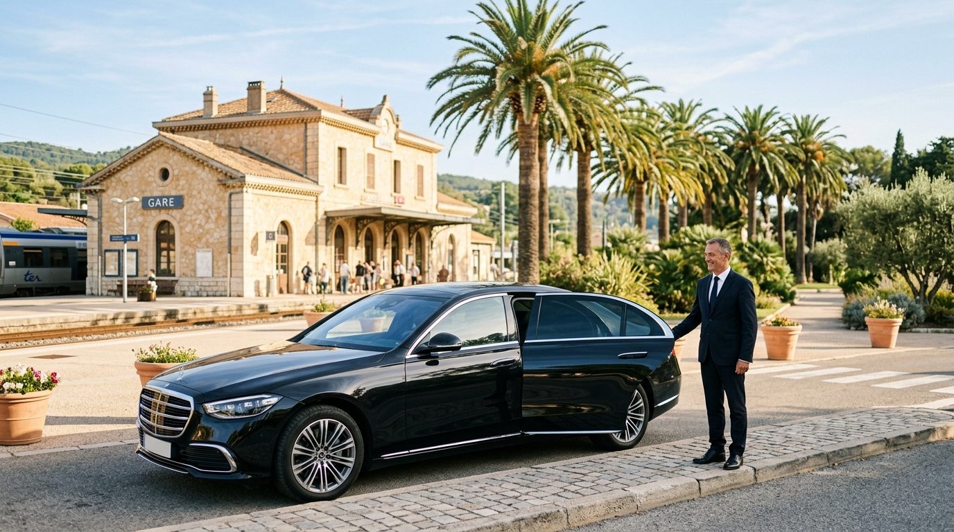 Chauffeur privé attendant un passager devant la gare de Hyères sur la Côte d'Azur