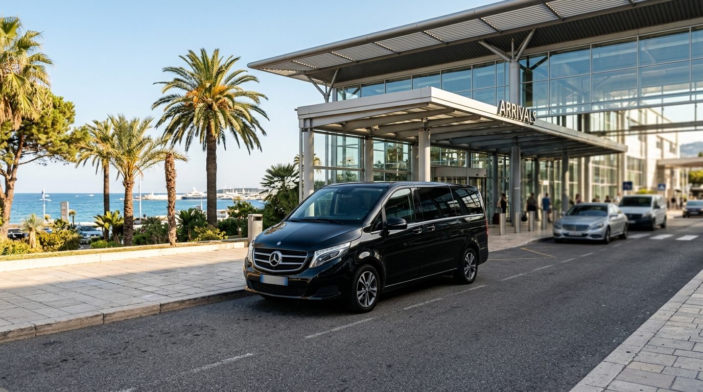 Van haut de gamme avec chauffeur stationné devant le terminal de l'aéroport Nice Côte d'Azur