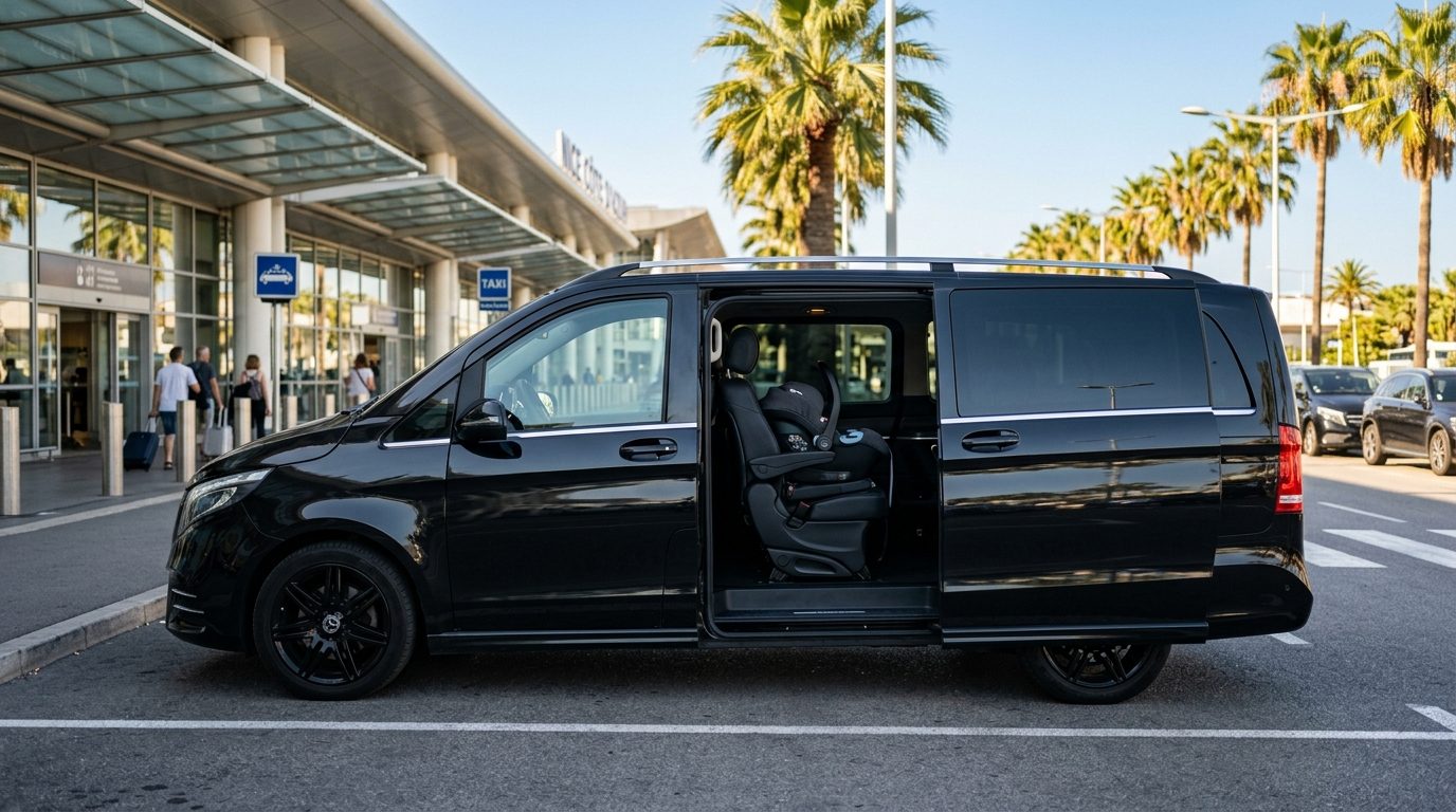 Van haut de gamme stationné à l'aéroport de Nice Côte d'Azur équipé d'un siège bébé sécurisé pour un transfert en famille.