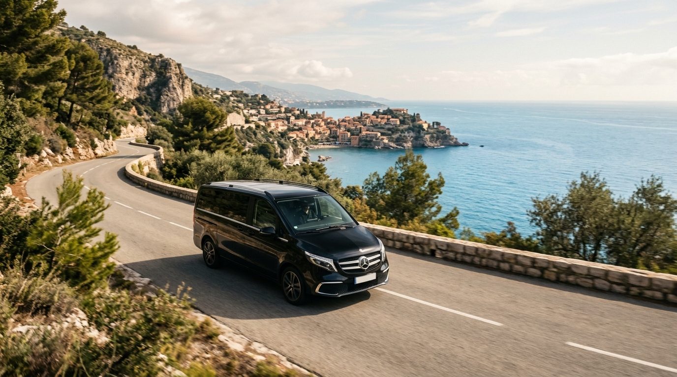 Van haut de gamme avec chauffeur circulant sur la route côtière en direction de Roquebrune-Cap-Martin